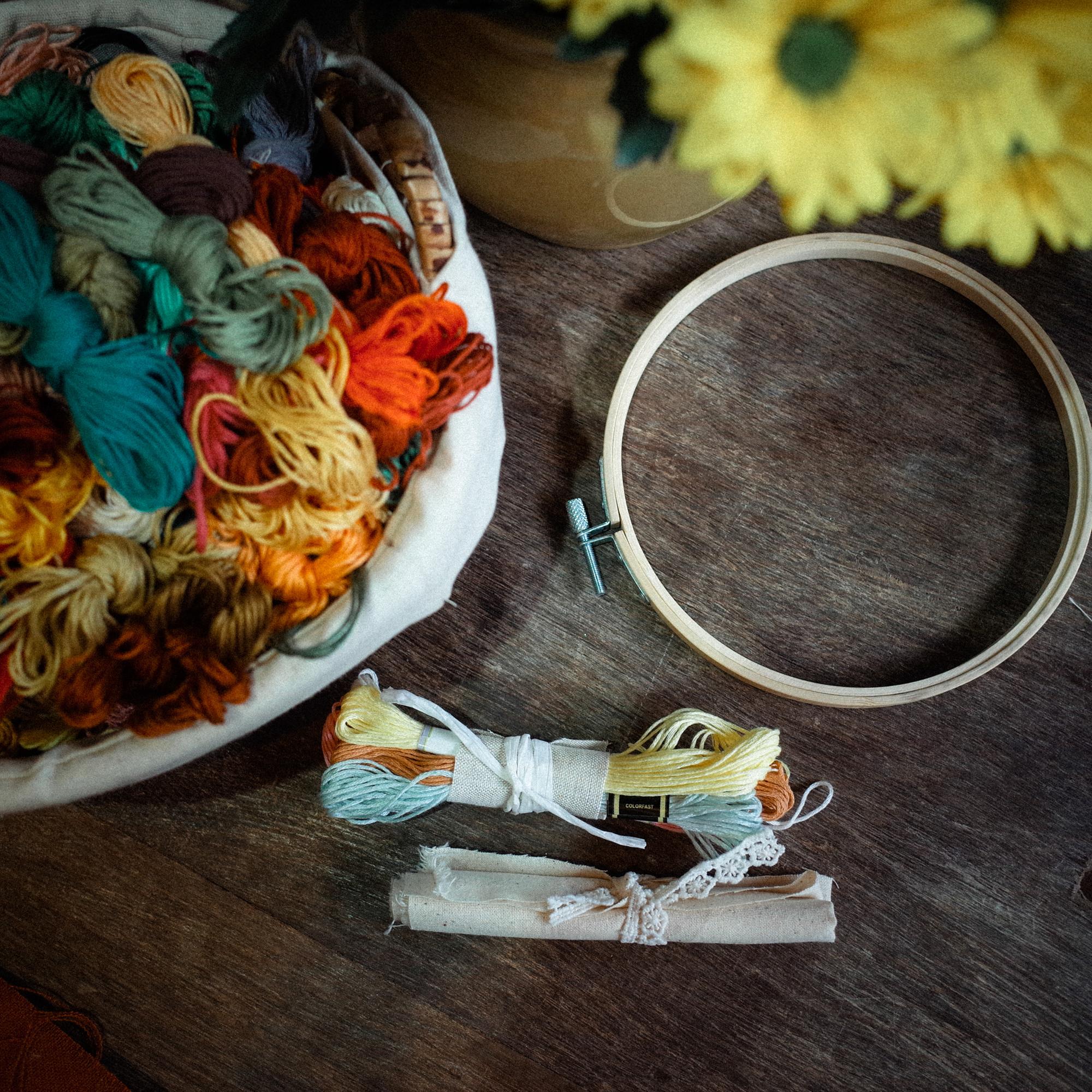 Beginner embroidery kit on wooden table